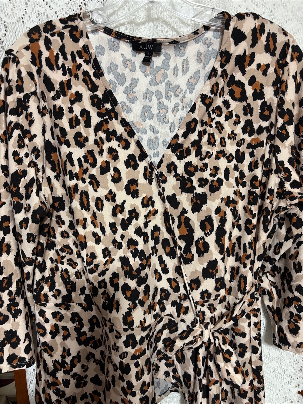 AUW Leopard-Print Wrap peplum Blouse in Beige, Brown and Black